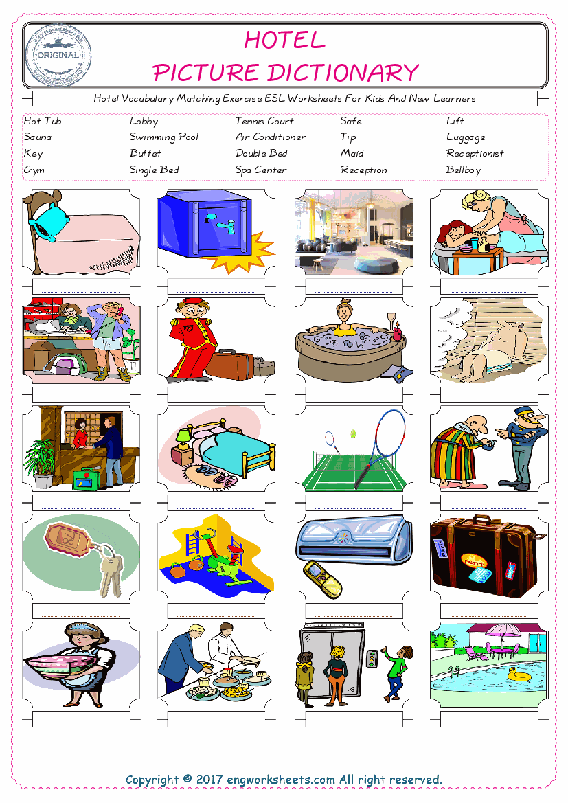  Hotel for Kids ESL Word Matching English Exercise Worksheet. 